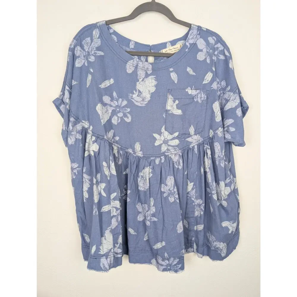 Free People Top Moon City Printed Tee Floral Boho Babydoll Linen Blue Size XS